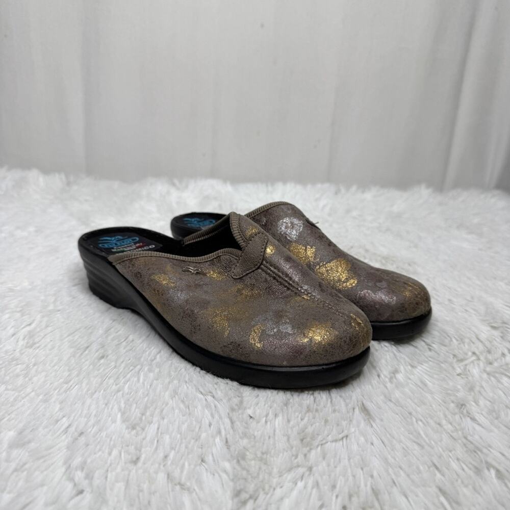 FLY FLOT / brown gold silver metallic slip on comfort mule clogs / 39 (7.5)
